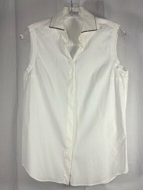 EUC BRUNELLO CUCINELLI Slvless White Button-Front Blouse with metallic trim sz M